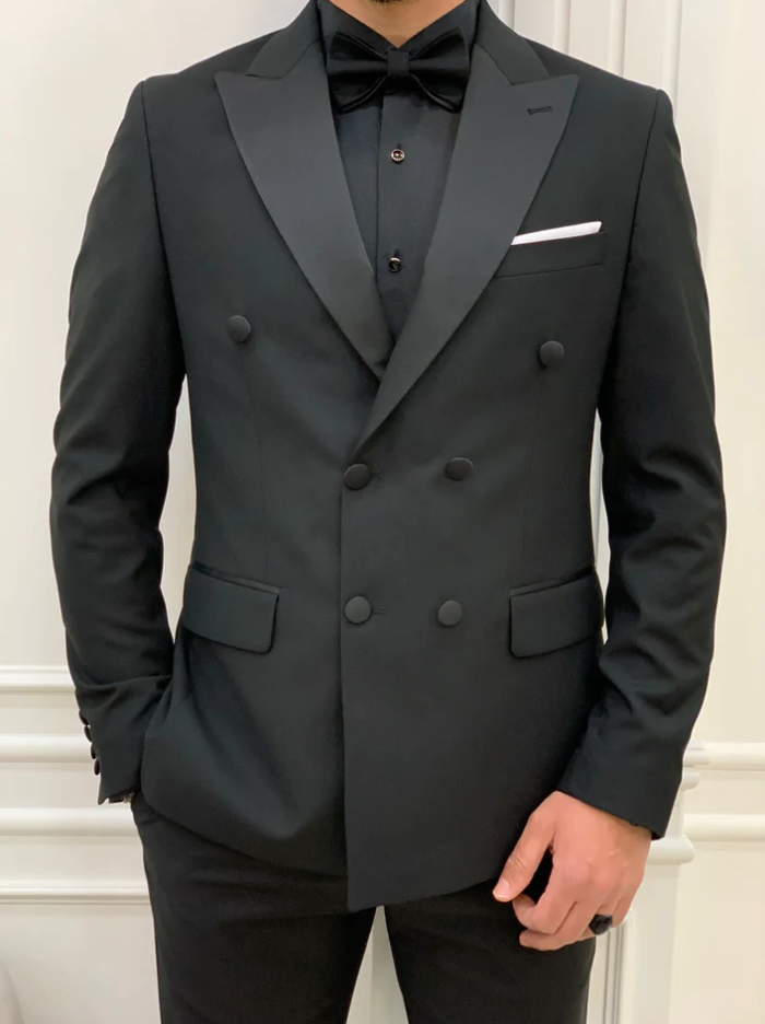 Mazonni Black Double Breasted Slim Fit Tuxedo