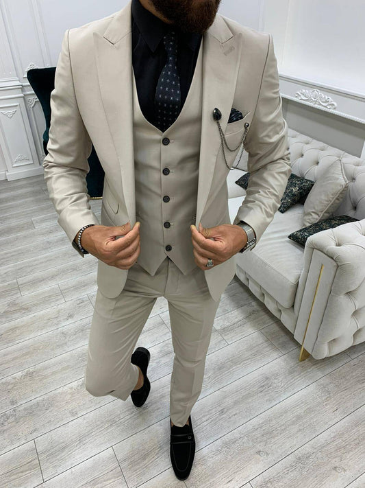 Mazonni Bussi Beige Slim Fit Peak Lapel Suit