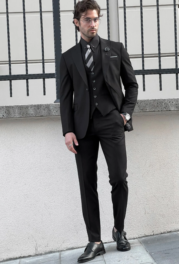 Mazonni Simon Sim Fit Black Woolen Suit