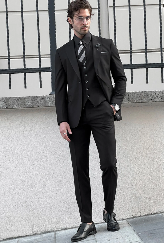 Mazonni Simon Sim Fit Black Woolen Suit