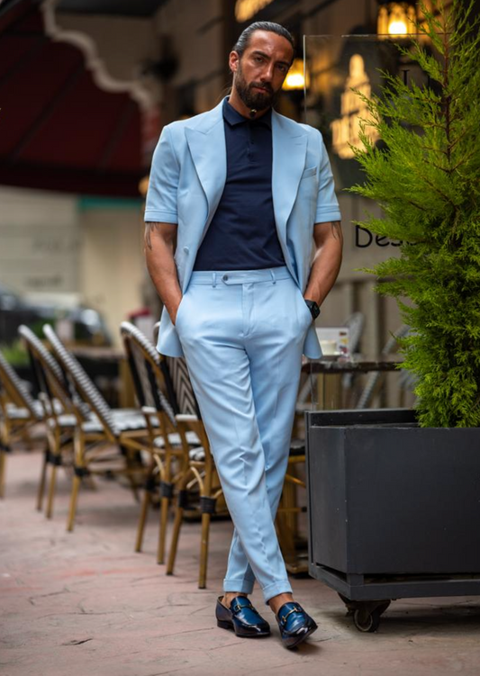 Mazonni Serra Sky Blue Slim Fit Double Breasted Short Sleeve Suit