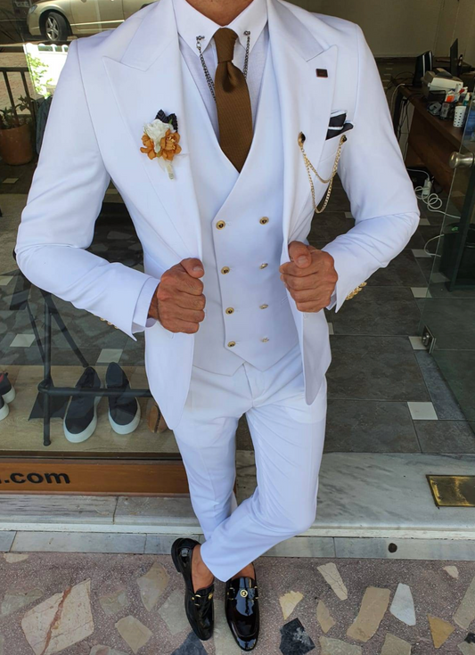 Mazonni Becksbourne White Slim Fit Peak Lapel Wool Suit