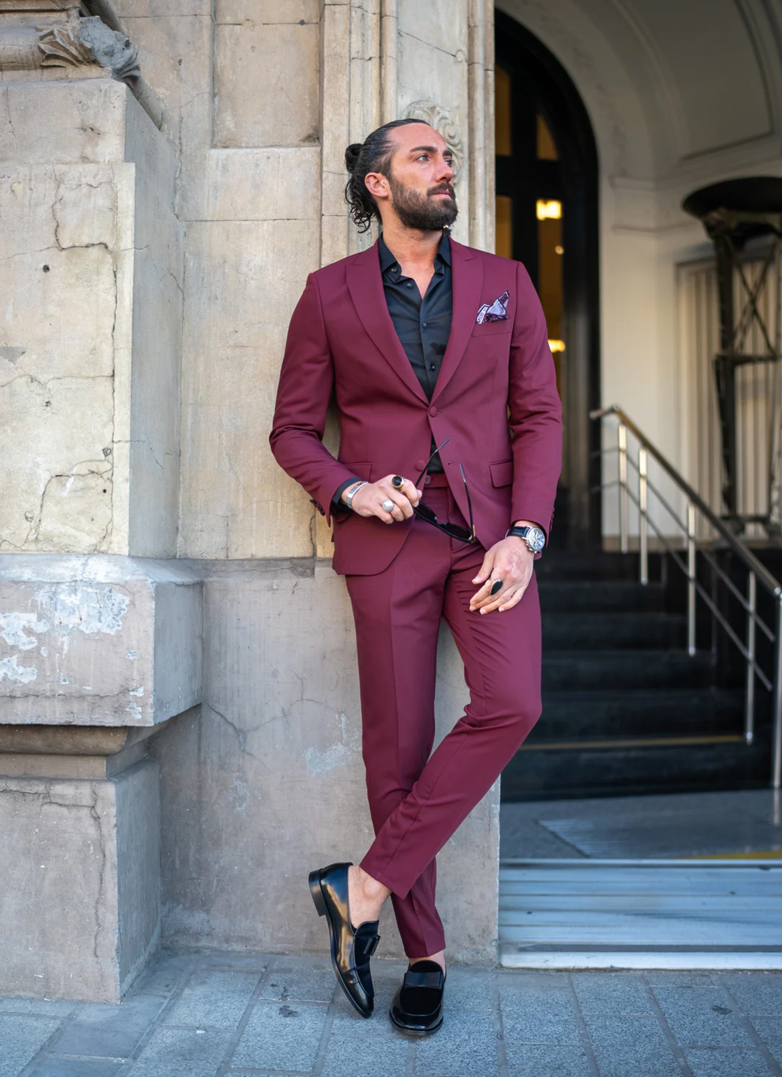 Mazonni Watt Slim Fit Special Design Burgundy Plain Tuxedo Suit