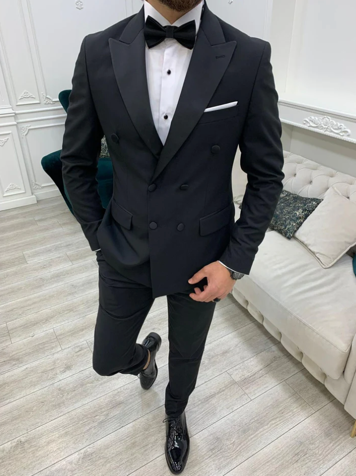 Mazonni Black Double Breasted Slim Fit Tuxedo