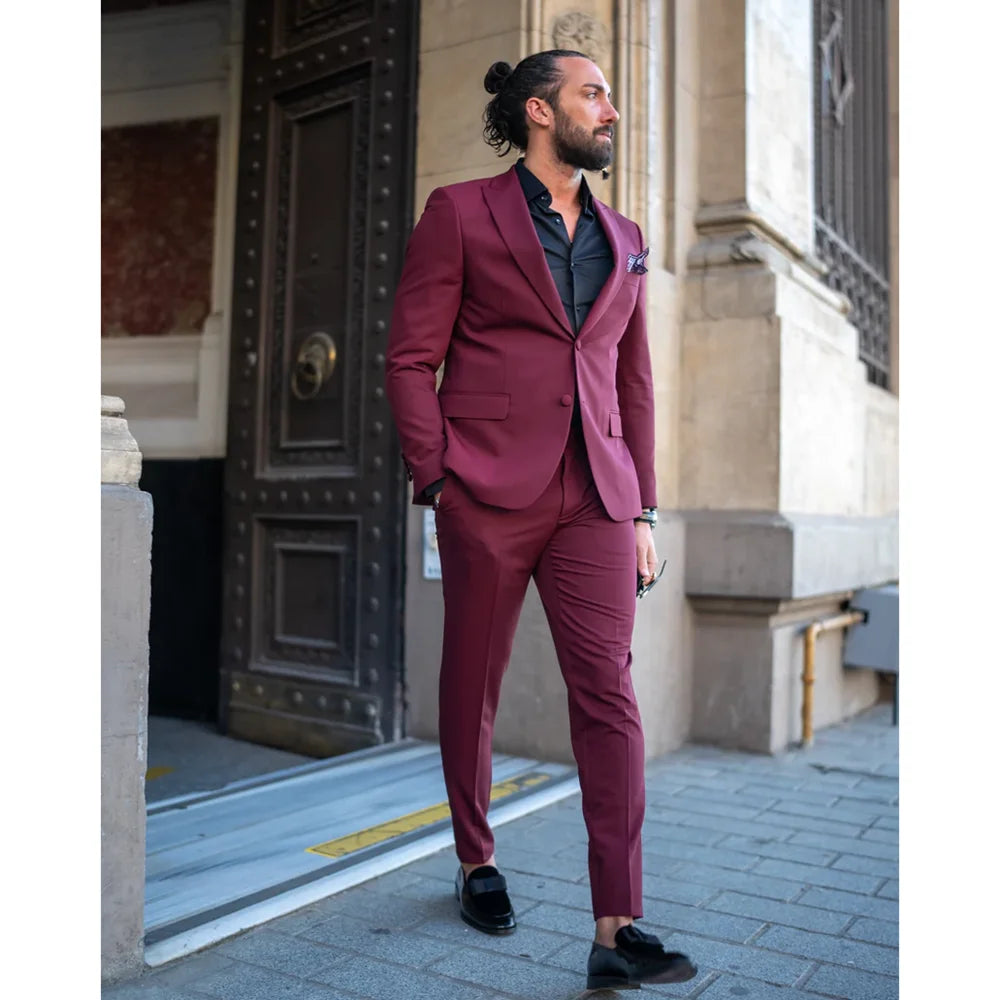 Mazonni Watt Slim Fit Special Design Burgundy Plain Tuxedo Suit