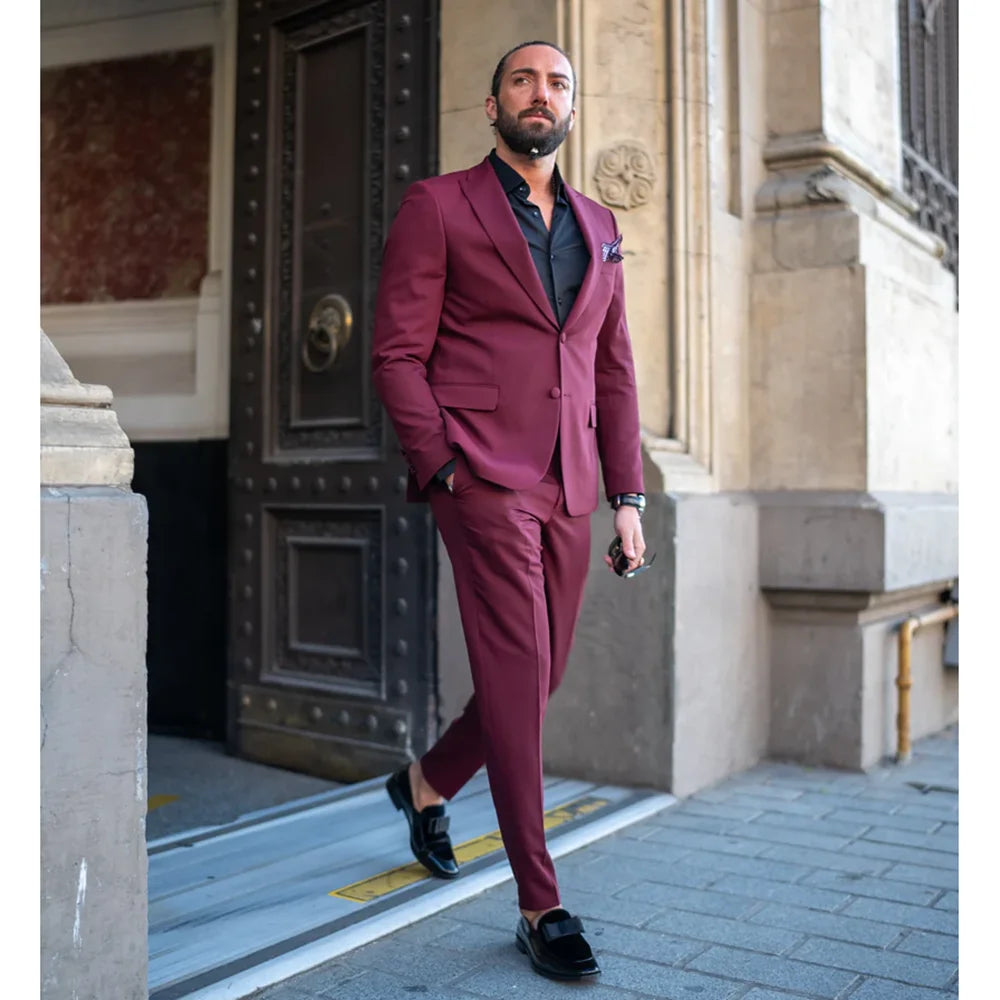 Mazonni Watt Slim Fit Special Design Burgundy Plain Tuxedo Suit