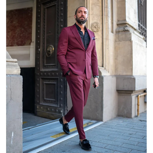 Mazonni Watt Slim Fit Special Design Burgundy Plain Tuxedo Suit