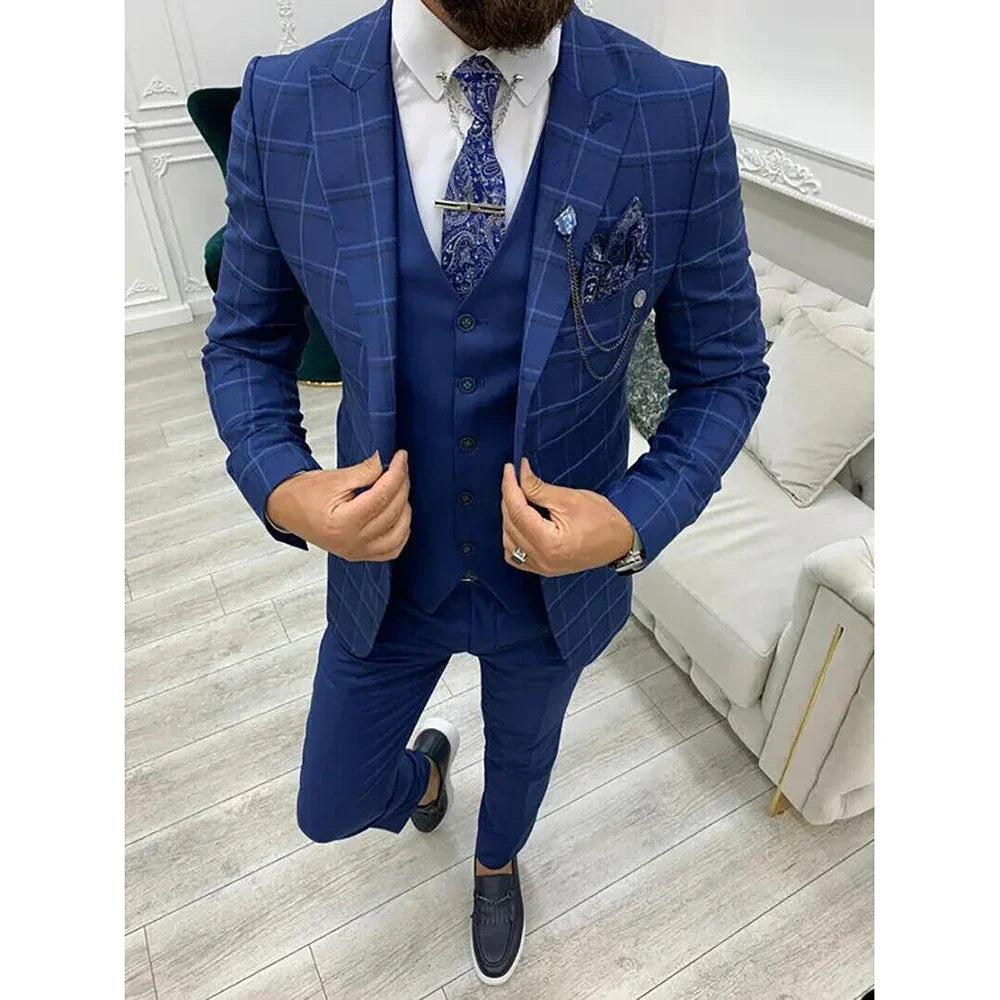 Mazonni Bussi Indigo Slim Fit Peak Lapel Plaid Suit