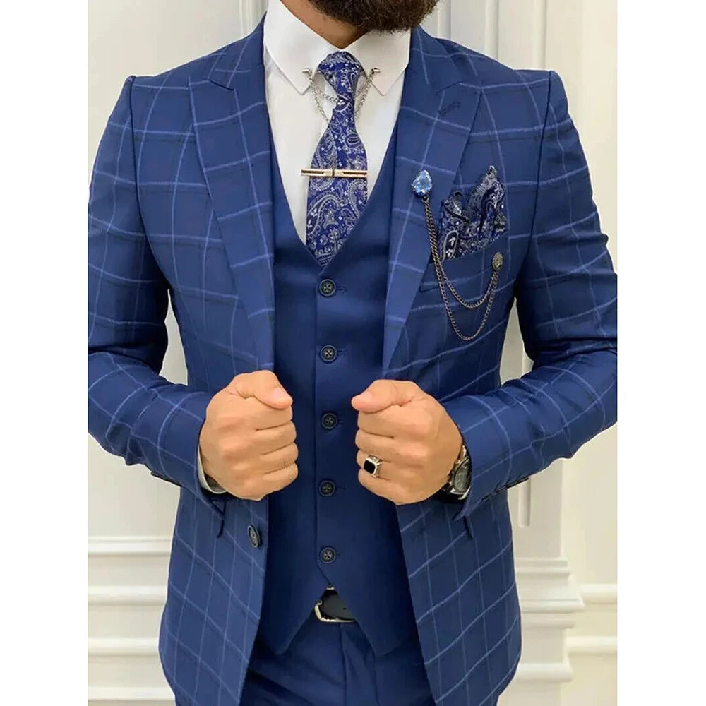 Mazonni Bussi Indigo Slim Fit Peak Lapel Plaid Suit