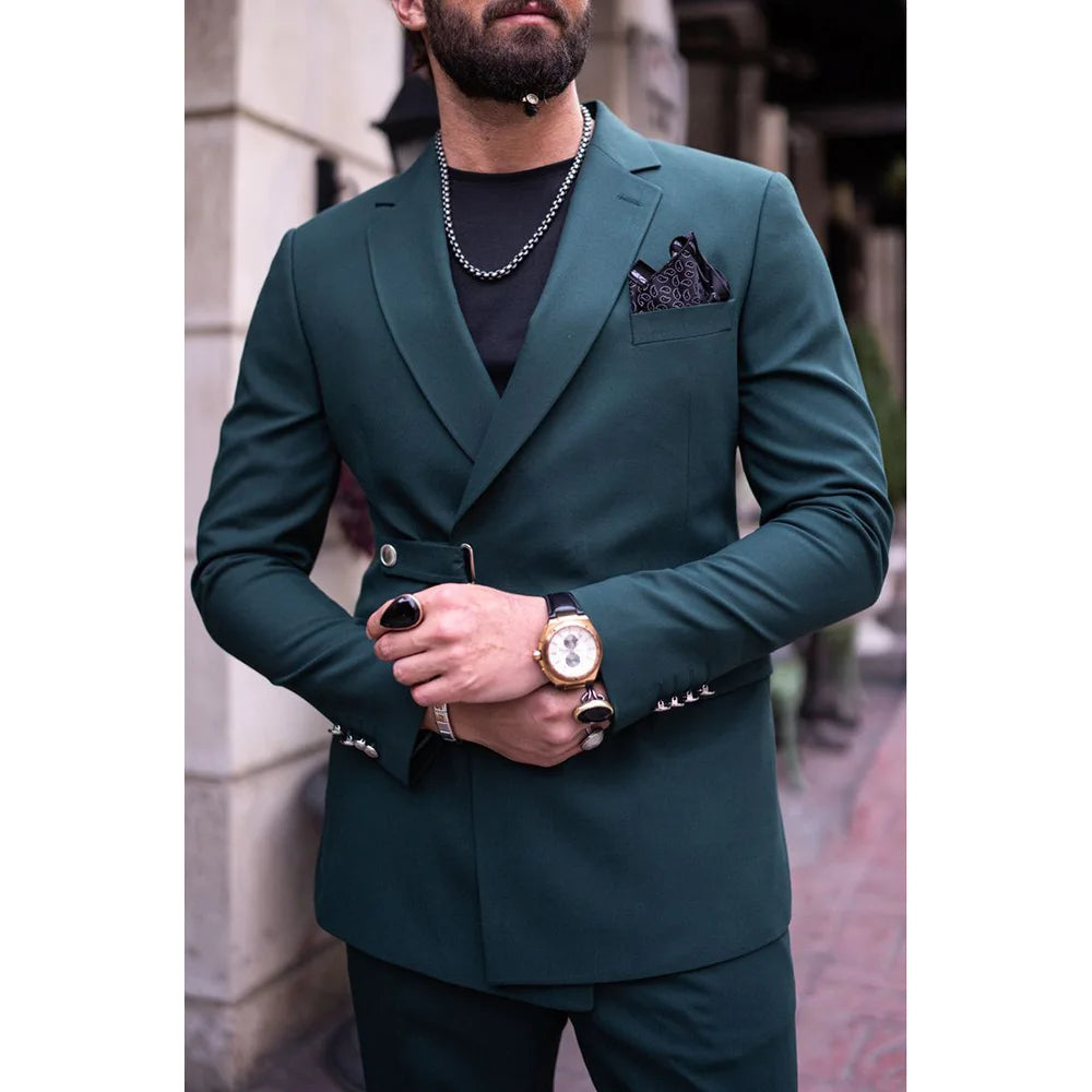 Mazonni Bath Green Slim Fit 2 Piece Double Breasted Buckle Suit