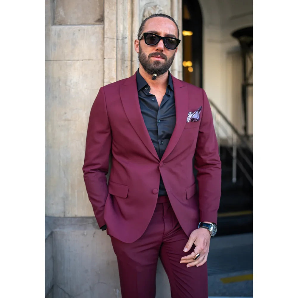 Mazonni Watt Slim Fit Special Design Burgundy Plain Tuxedo Suit