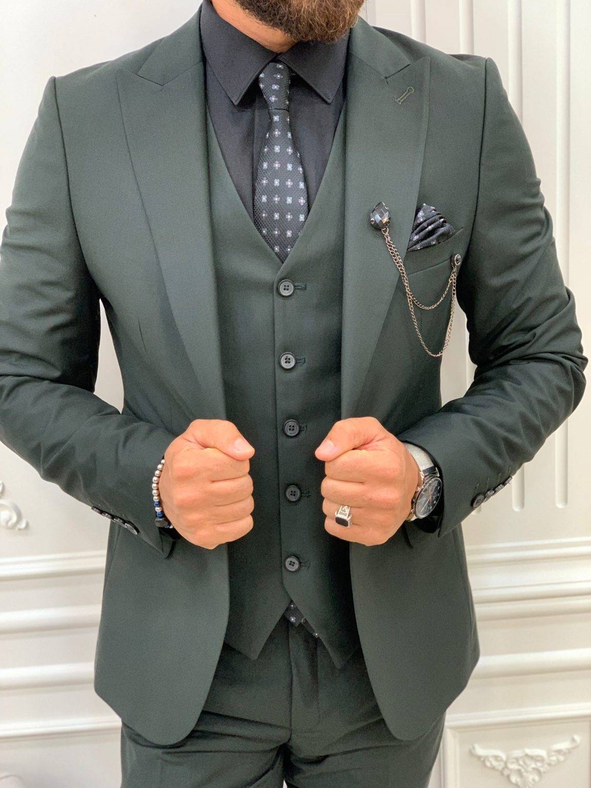 Mazonni Bussi Green Slim Fit Peak Lapel Suit