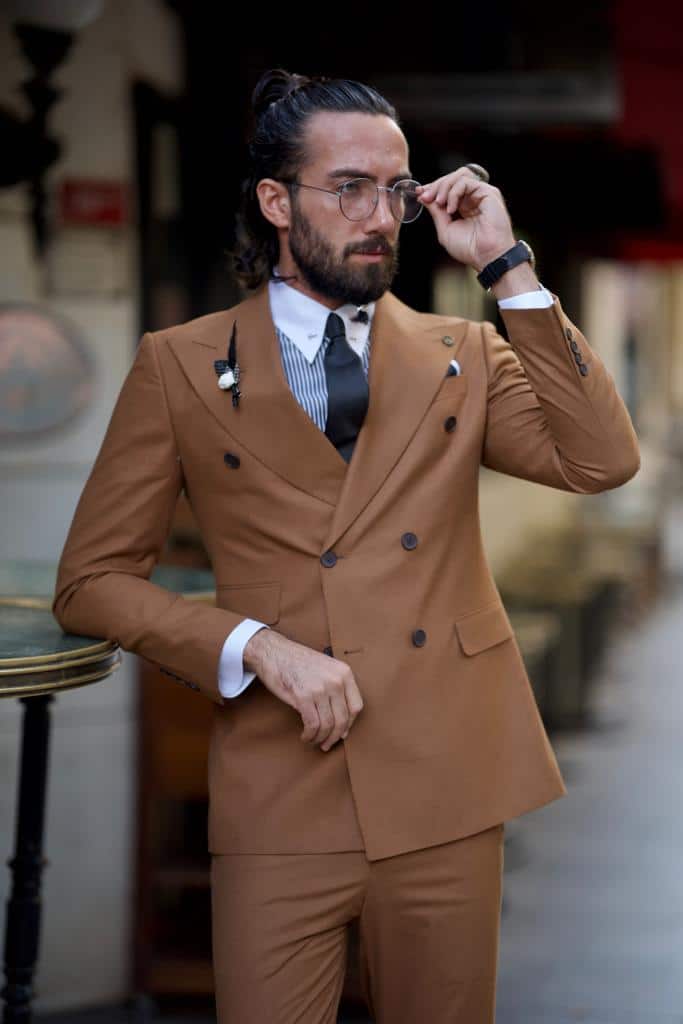 Mazonni Aysoti Sunkings Rust Brown Slim Fit Double Breasted Suit