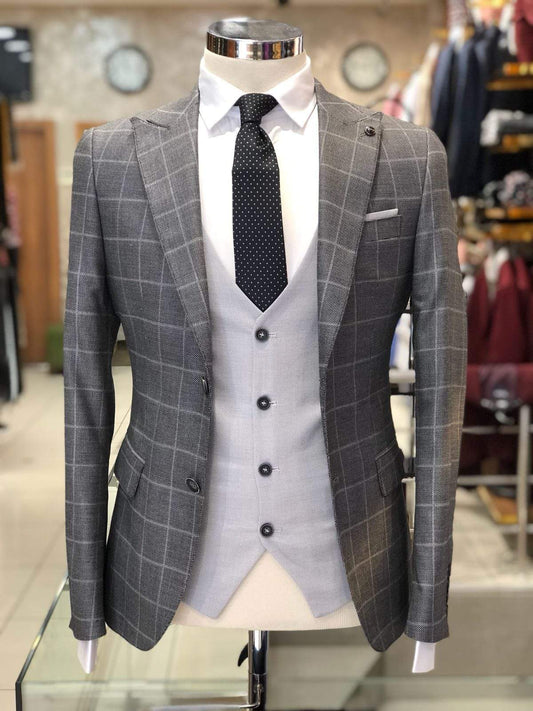 Slim-Fit Plaid Suit Gray