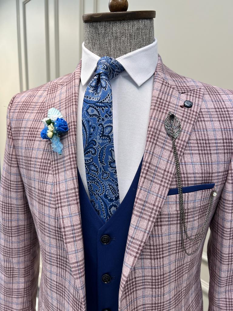 Benson Slim Fit Plaid Striped Combination Blue Suit