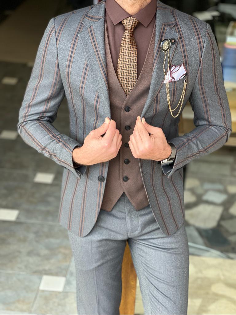 Mazonni Morton Gray Slim Fit Notch Lapel Striped Suit