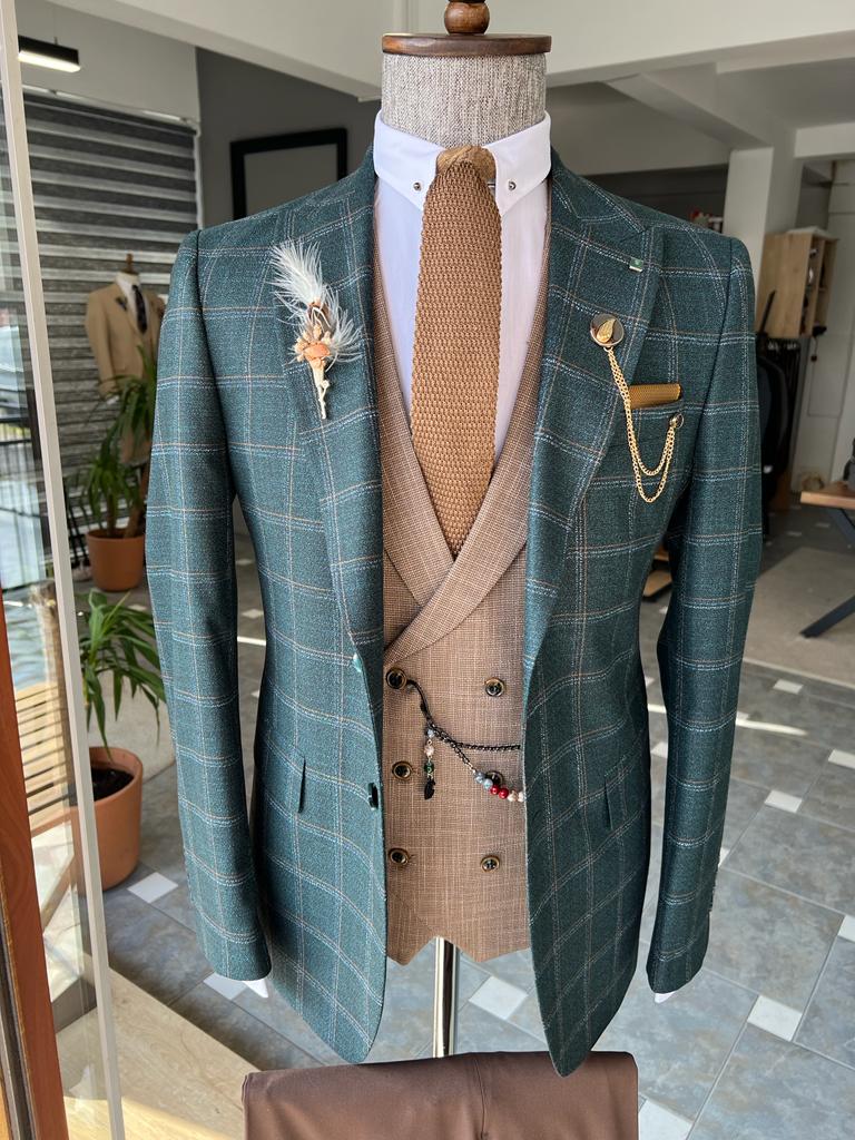 Mazonni Dayton Green Slim Fit Peak Lapel Plaid Suit