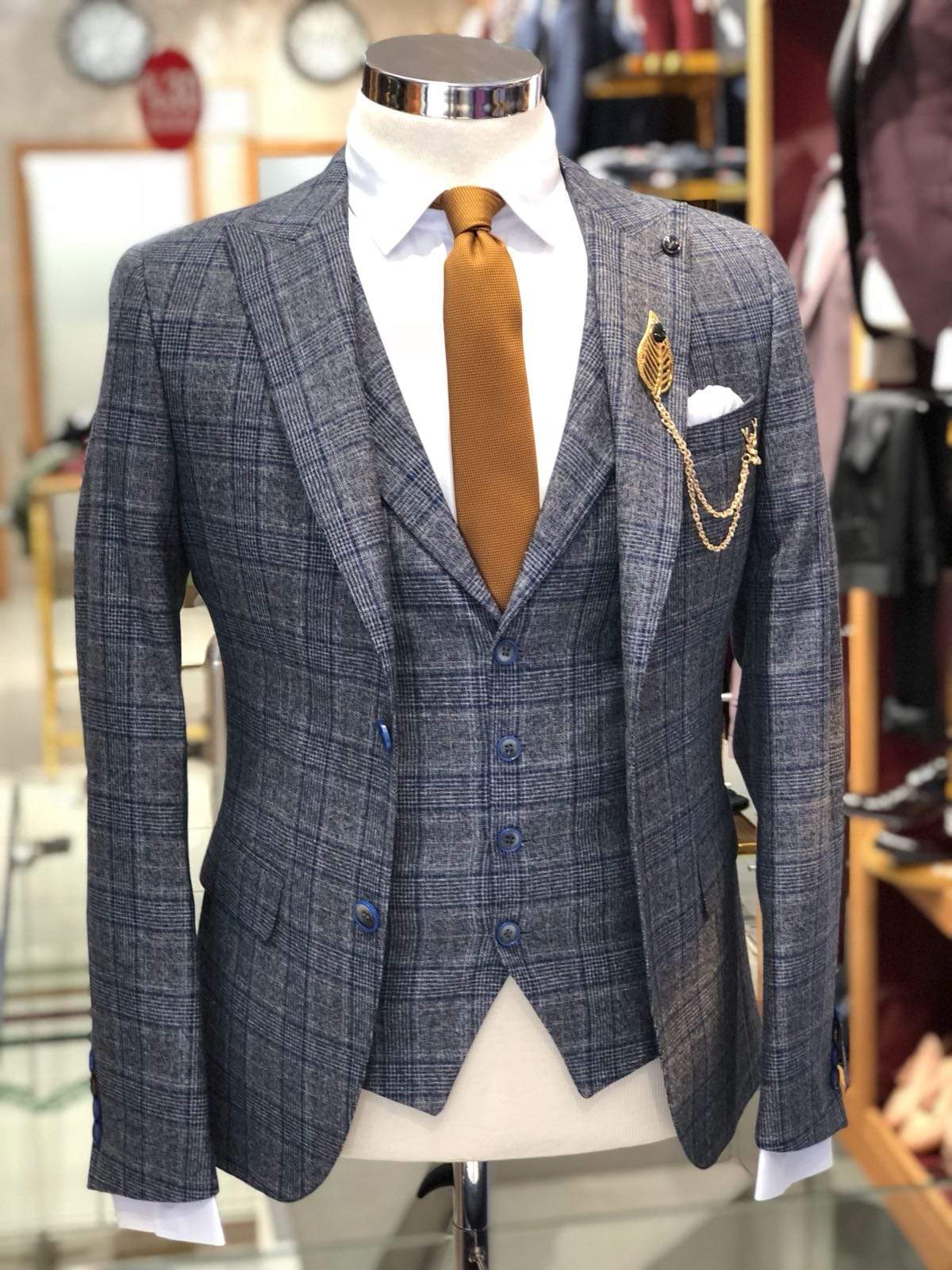 Slim-Fit Plaid Suit Vest Gray