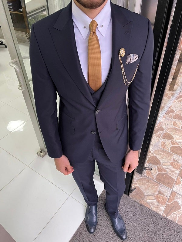 Mazonni Trenton Navy Blue Slim Fit Peak Lapel Wool Suit