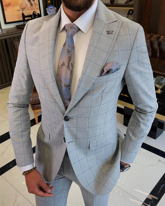 Mazonni  Sheffield Gray Slim Fit 2 Piece Peak Lapel Check Plaid Suit