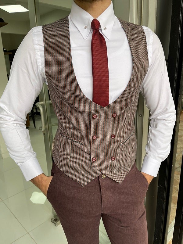 Mazonni Grant Burgundy Slim Fit Double Breasted Wool Vest