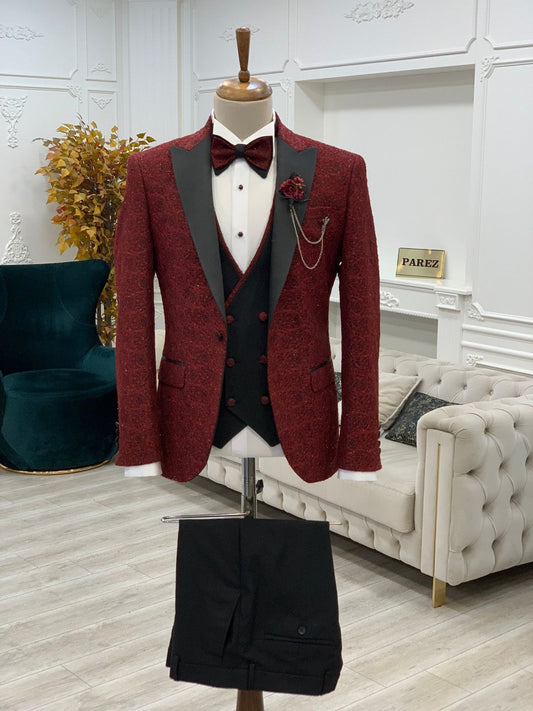 Partoni Diamond Burgundy Slim Fit Tuxedo