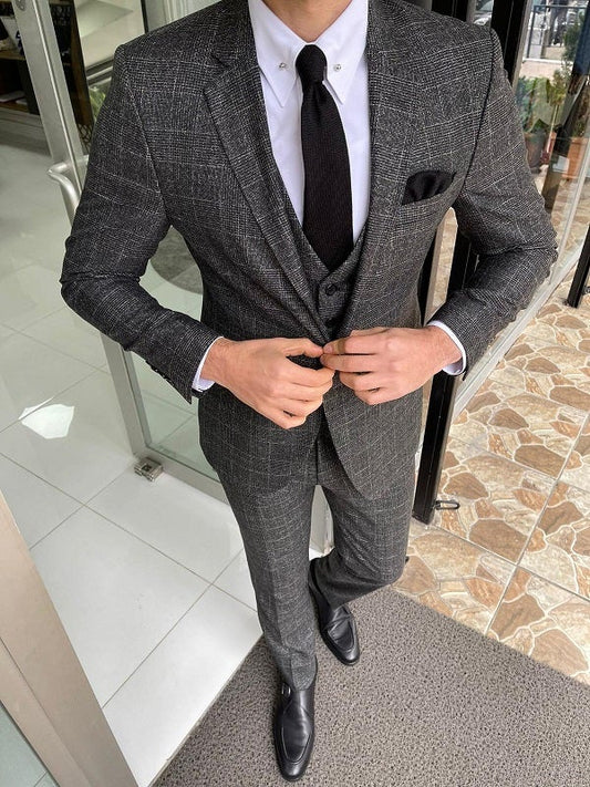 Mazonni Grant Black Slim Fit Notch Lapel Plaid Wool Suit