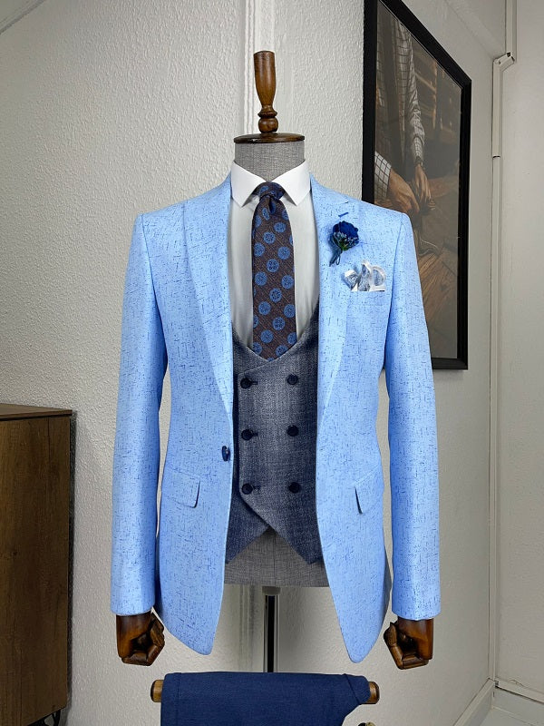 Mazonni Daroni Blue Slim Fit Patterned Linen Suit