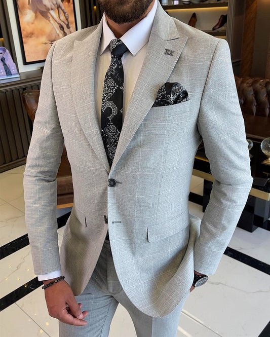 Mazonni  Sheffield Gray Slim Fit 2 Piece Peak Lapel Check Suit