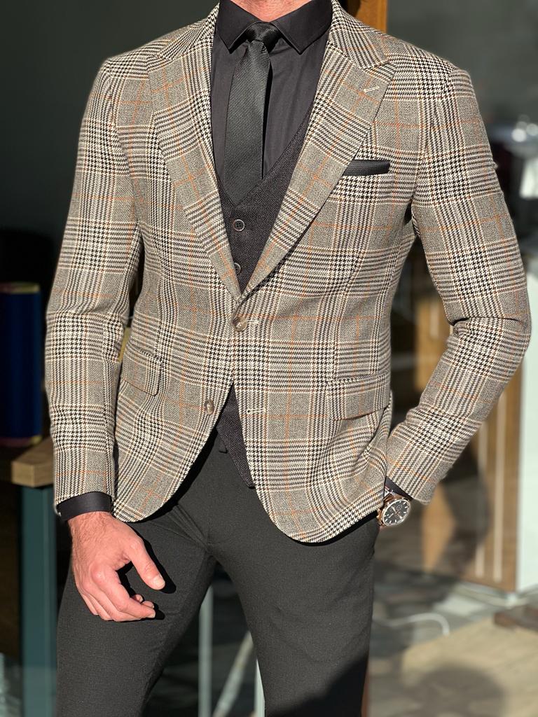 Mazonni Morton Beige Slim Fit Plaid Blazer