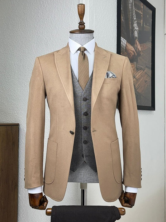 Mazonni Daroni Beige Slim Fit Peak Lapel Wool Suit