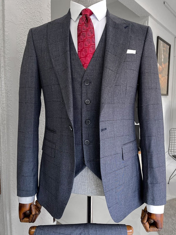 Mazonni Louis Navy Blue Slim Fit Peak Lapel Plaid Wool Suit