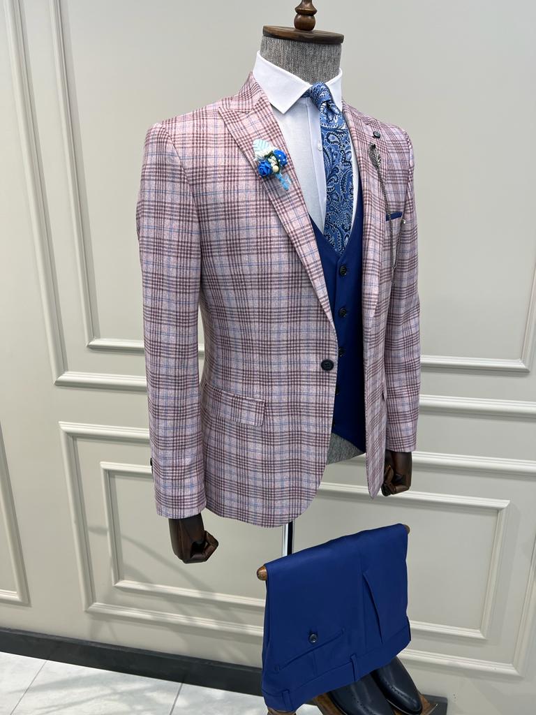 Benson Slim Fit Plaid Striped Combination Blue Suit