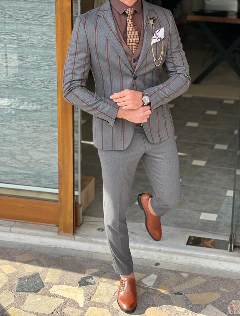 Mazonni Morton Gray Slim Fit Notch Lapel Striped Suit