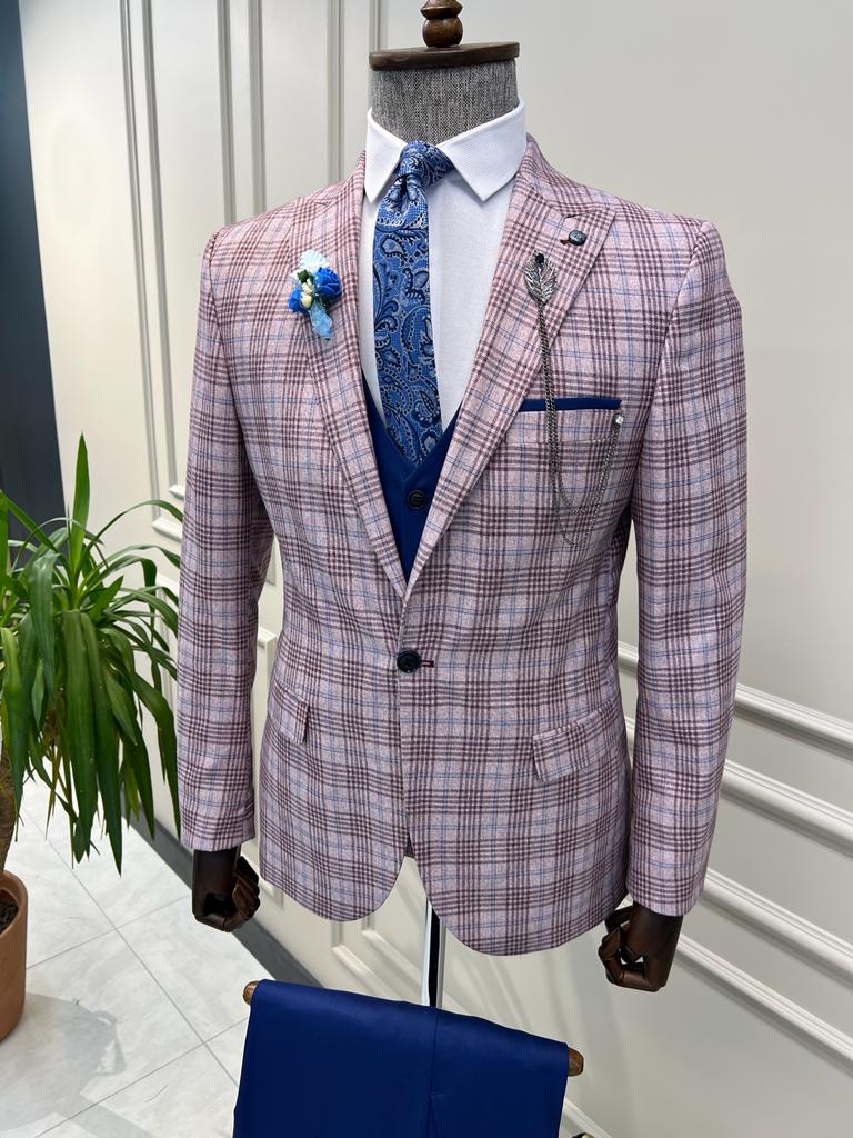 Benson Slim Fit Plaid Striped Combination Blue Suit