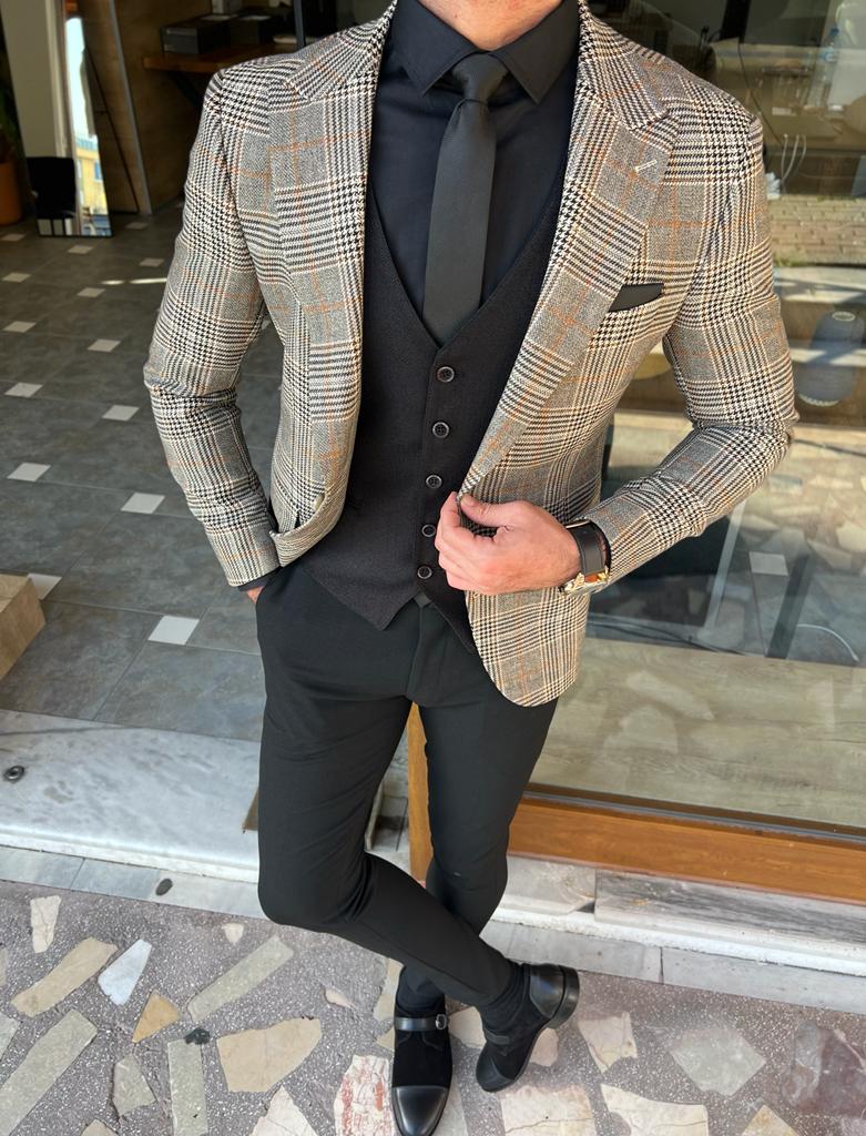 Mazonni Morton Beige Slim Fit Plaid Blazer