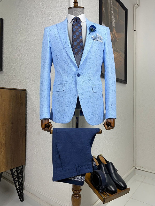 Mazonni Daroni Blue Slim Fit Patterned Linen Suit