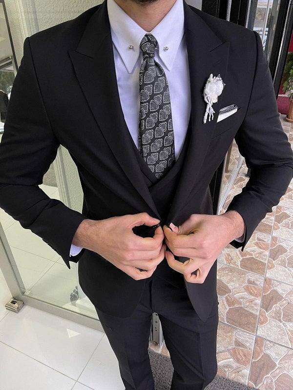 Mazonni Trenton Black Slim Fit Peak Lapel Wool Suit