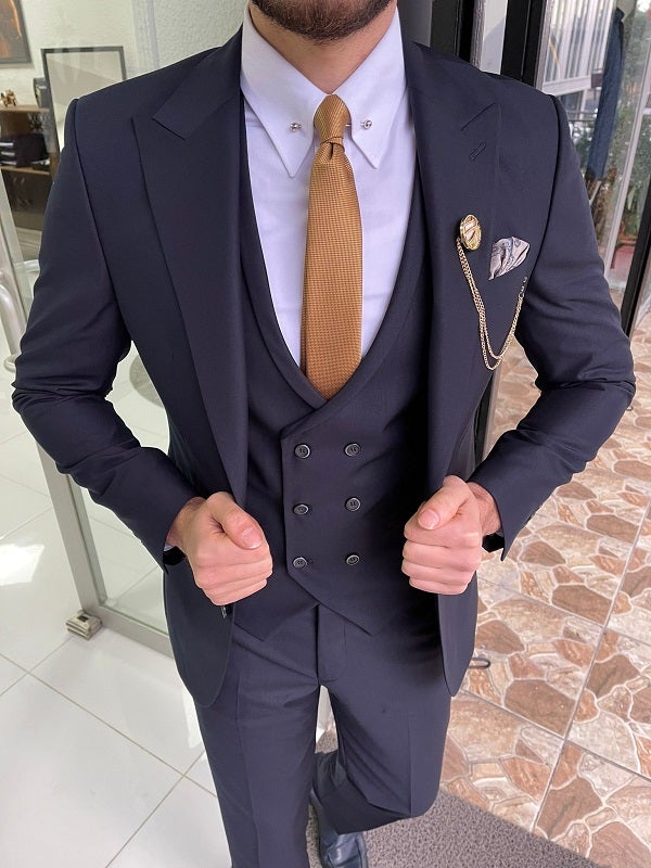 Mazonni Trenton Navy Blue Slim Fit Peak Lapel Wool Suit