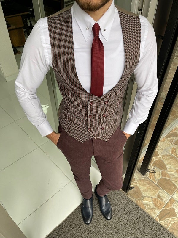 Mazonni Grant Burgundy Slim Fit Double Breasted Wool Vest