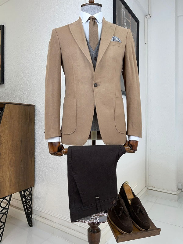 Mazonni Daroni Beige Slim Fit Peak Lapel Wool Suit