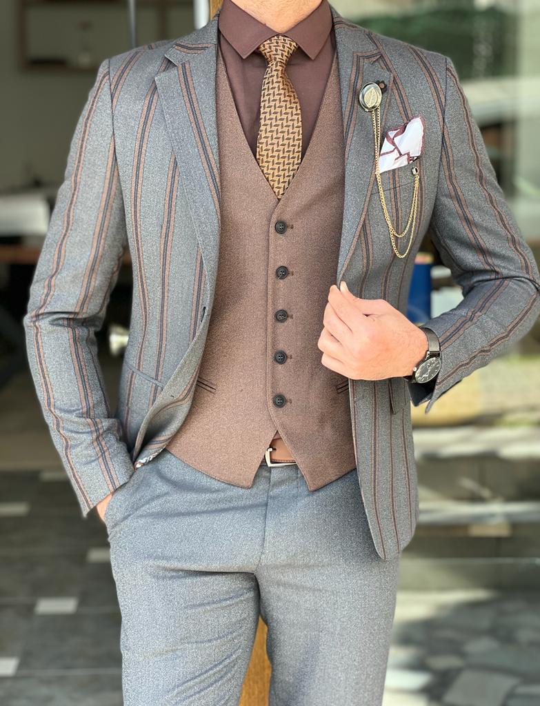 Mazonni Morton Gray Slim Fit Notch Lapel Striped Suit