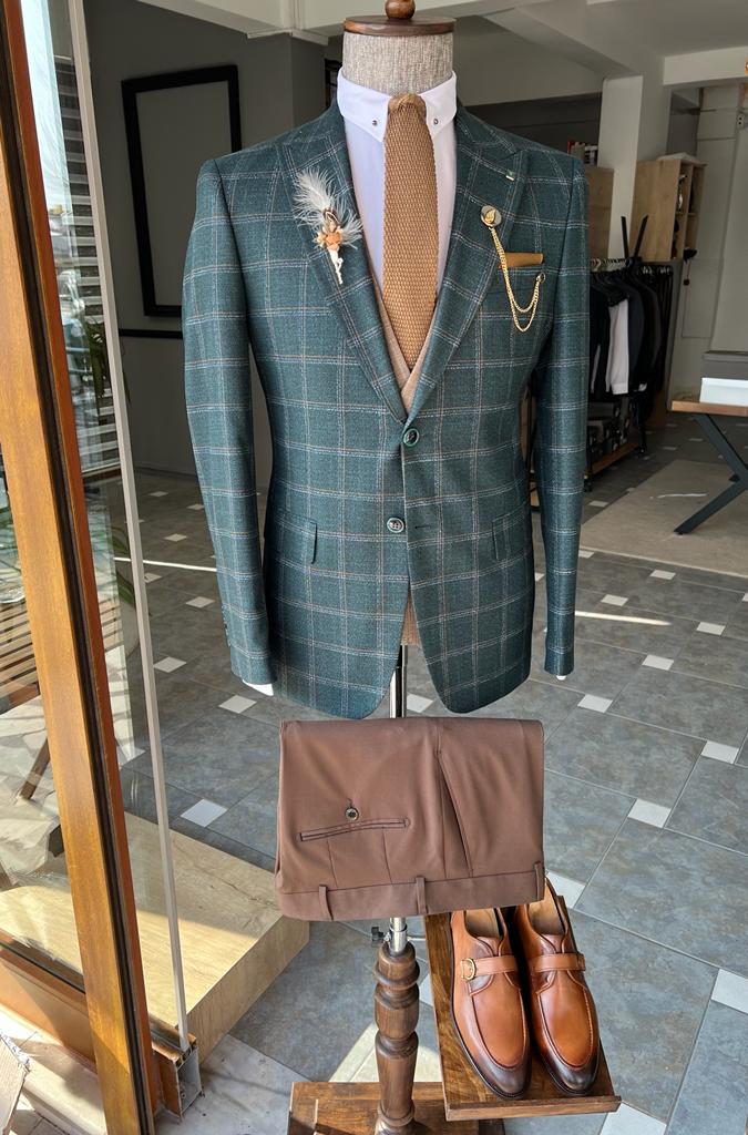 Mazonni Dayton Green Slim Fit Peak Lapel Plaid Suit