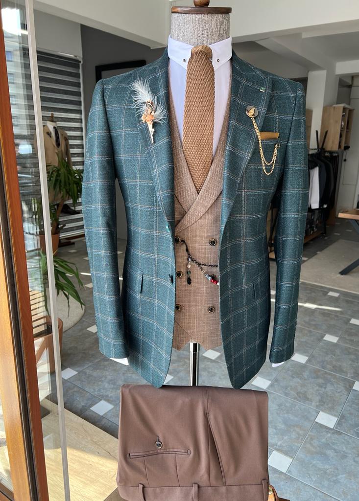 Mazonni Dayton Green Slim Fit Peak Lapel Plaid Suit