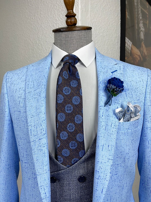 Mazonni Daroni Blue Slim Fit Patterned Linen Suit