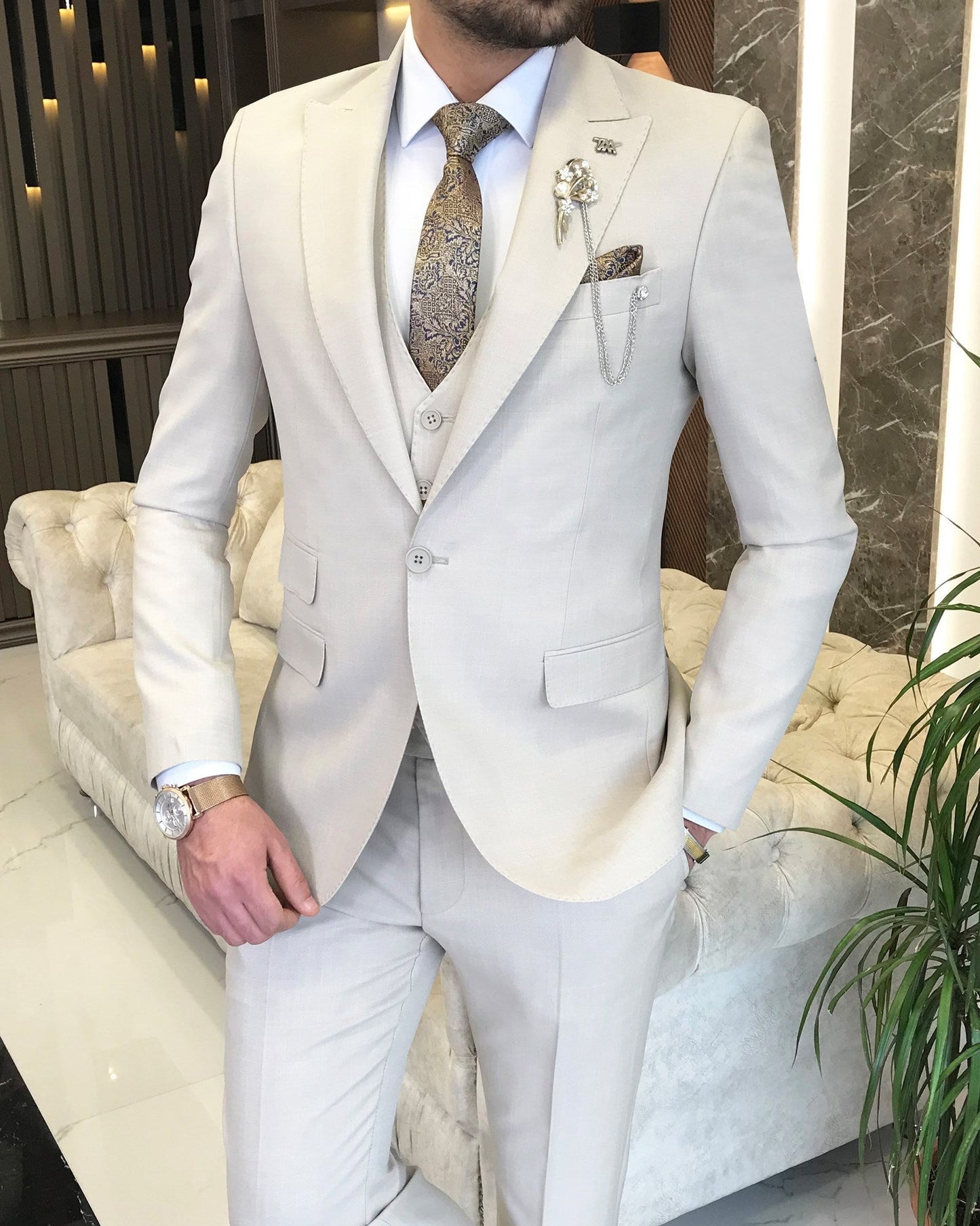 Mazonni Amato Slim Fit Beige Suit