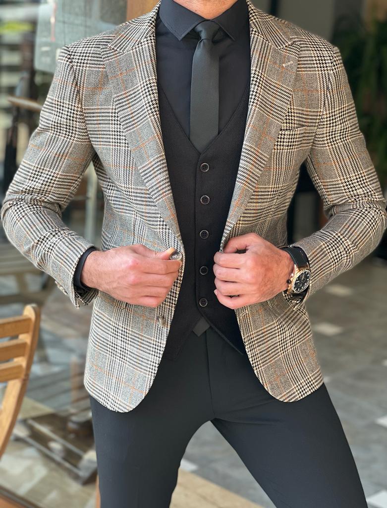 Mazonni Morton Beige Slim Fit Plaid Blazer