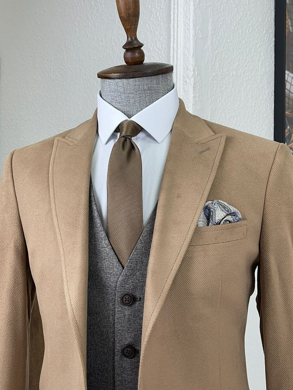 Mazonni Daroni Beige Slim Fit Peak Lapel Wool Suit