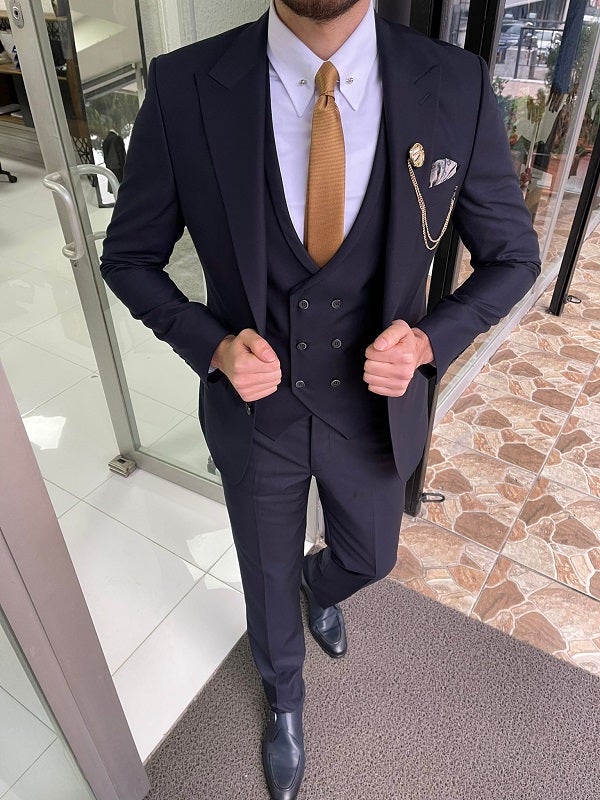 Mazonni Trenton Navy Blue Slim Fit Peak Lapel Wool Suit