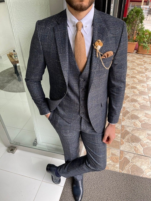 Mazonni Grant Navy Blue Slim Fit Notch Lapel Plaid Wool Suit